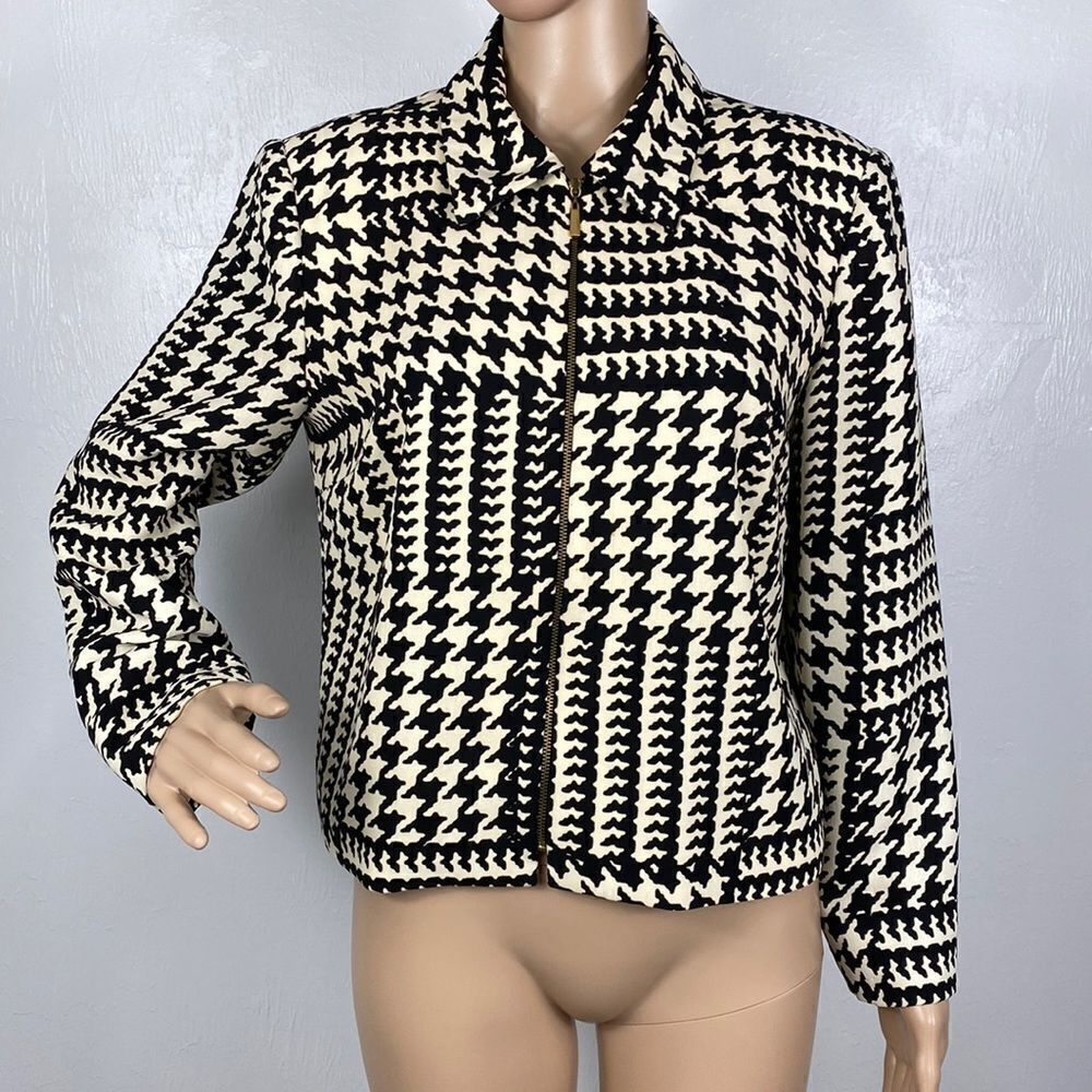 David Warren New York black & cream houndstooth full zip cropped jacket size 10